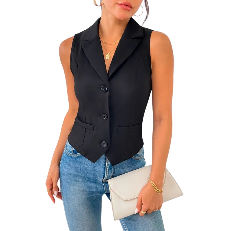 Ava - Mouwloos vest met inkepingen in de revers en knoopsluiting