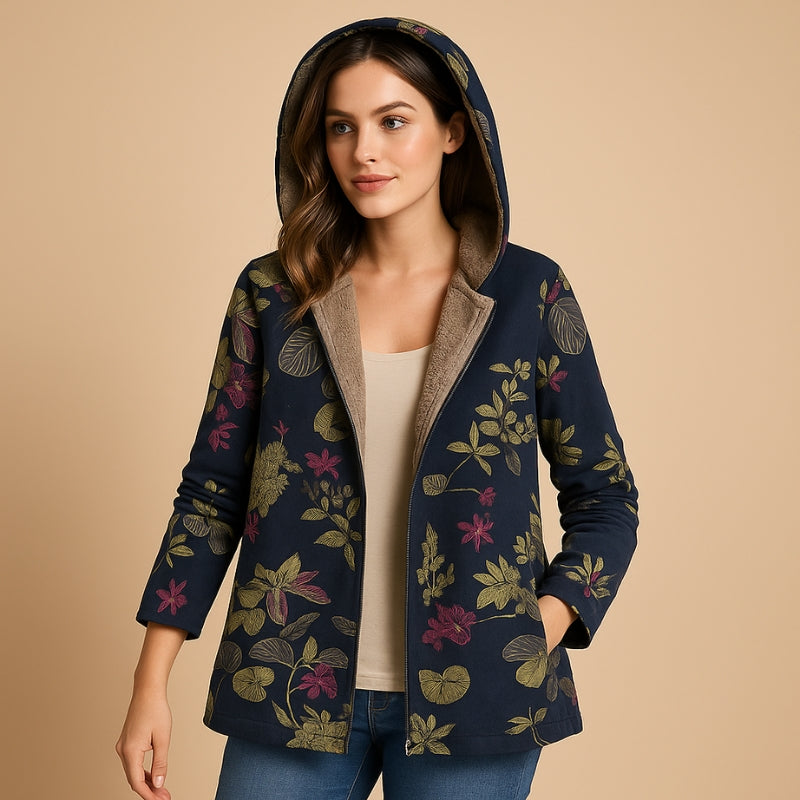 Vanessa - Capuchonjas met lange mouwen bloemenprint en rits
