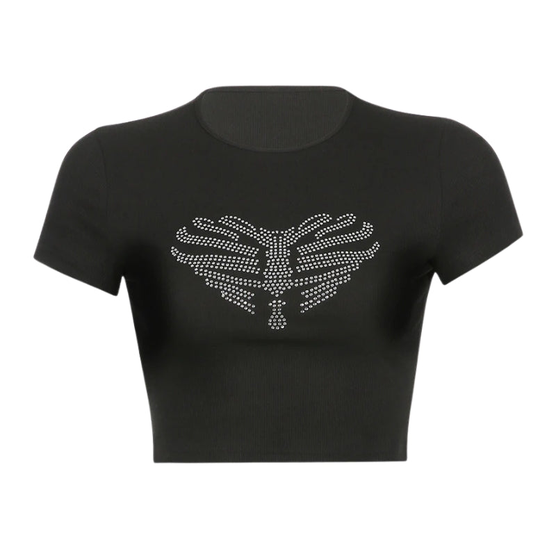 Riley - Crop Top met Vlinderprint en Ronde Hals