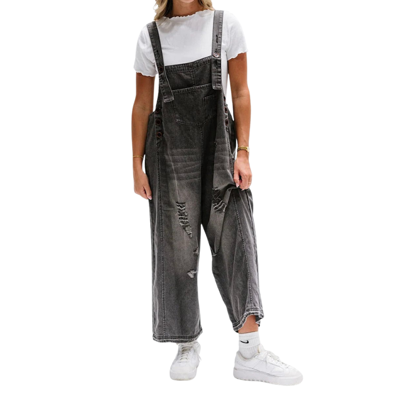 Lydia – Mouwloze Denim Jumpsuit met Wijde Pijpen en Verstelbare Bandjes