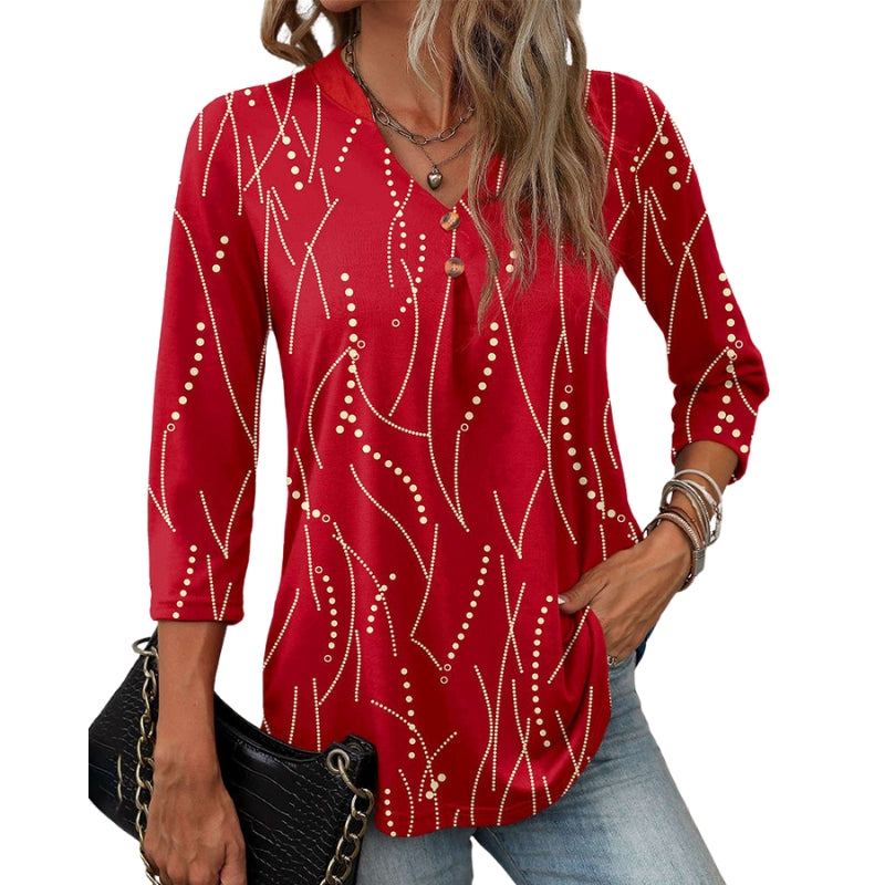 Isla – Bedrukte Blouse met V Hals en Knoopdetails