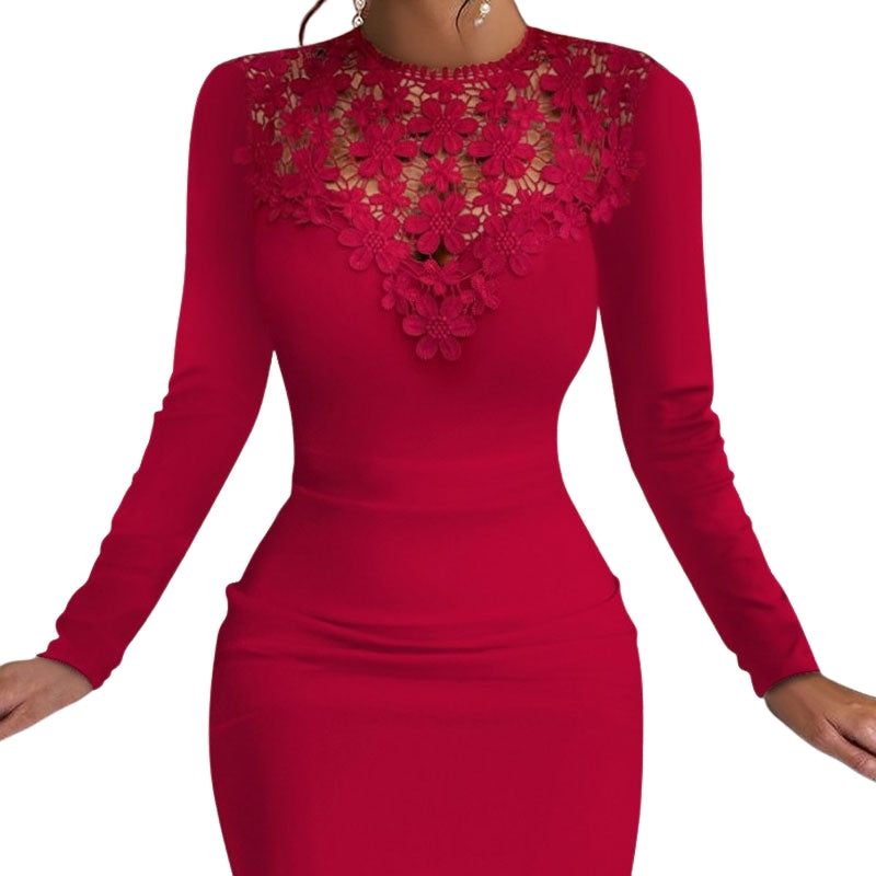 Eleganzia – Lange Mouw Bodycon Jurk met Kant en Bloemenpatroon