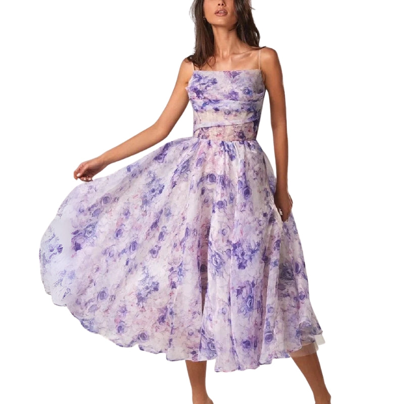 Luna - Mouwloze Midi Jurk met Bloemenprint en Spaghettibandjes