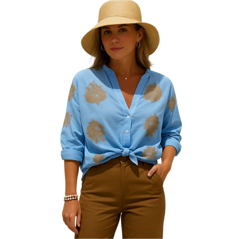 Isla – Blouse met lange mouwen, knoopsluiting en V-hals