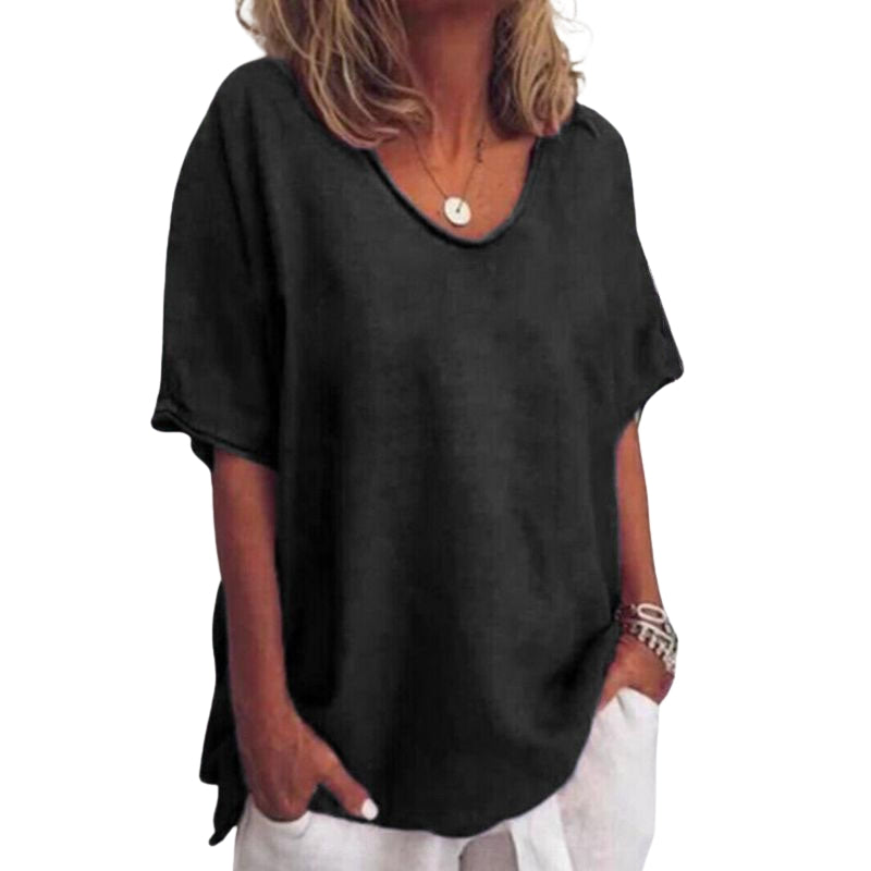 Evelyn - V hals Blouse met Korte Mouwen en Losse Pasvorm