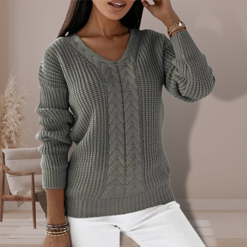 Elizabeth – Trui met Lange Mouwen V Hals en Geribbelde Details