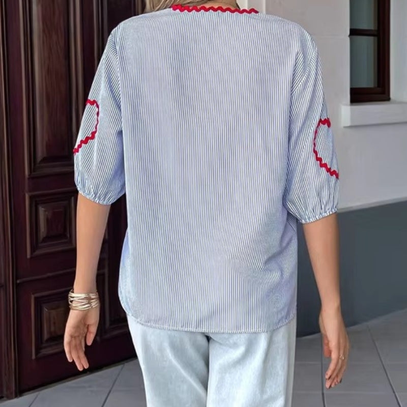 Luna – Blouse met Lange Mouwen V-Hals en Losse Pasvorm