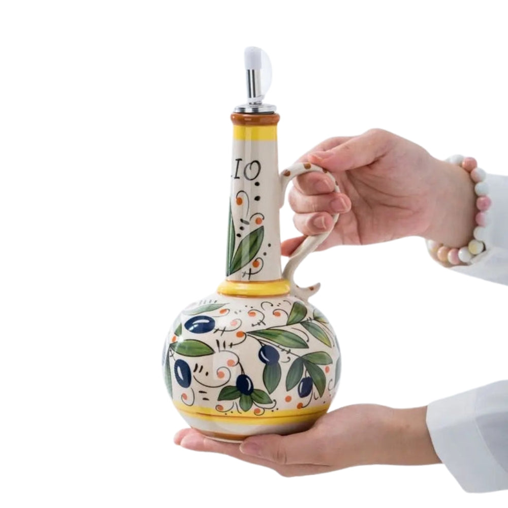 OliveBloom – Handbeschilderde dispenser-oliefles met bloemenmotief en smalle hals