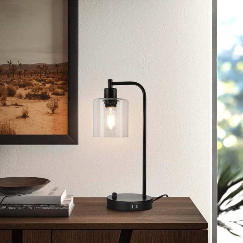 LumiGlide – Oplaadbare LED bureaulamp met glazen kap en USB poorten