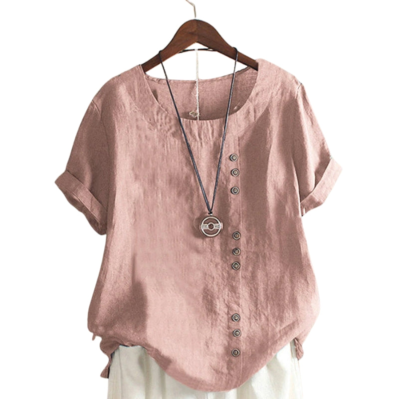 Ava – Klassieke Losse Pasvorm O Hals Shirt met Knopen