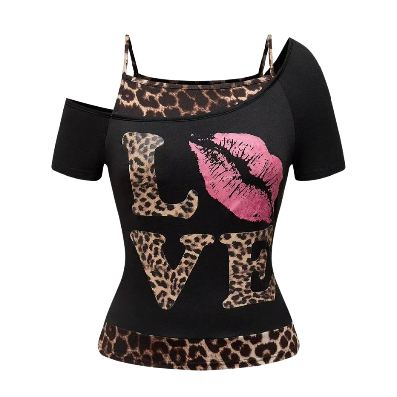 Lila - Off Shoulder Top met Luipaardprint en Korte Mouwen