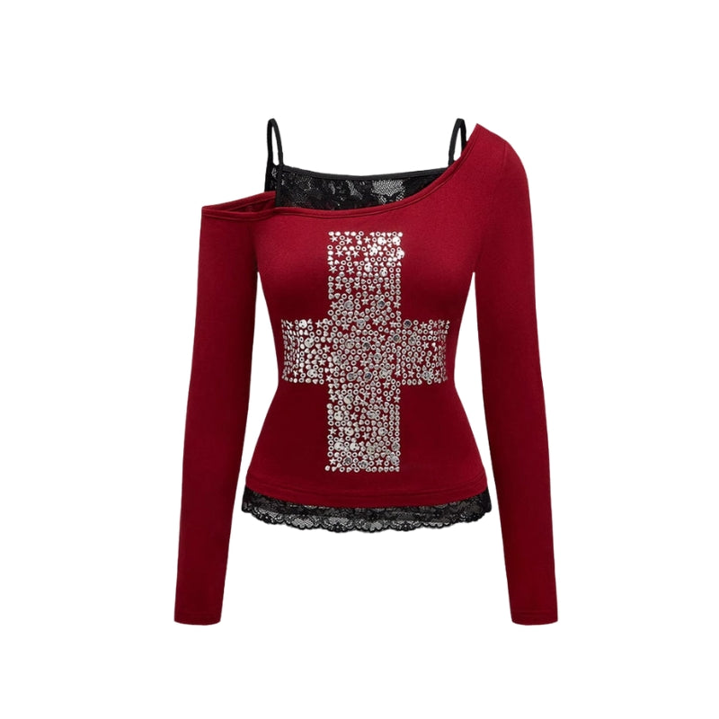 Elena - Asymmetrische Top met Lange Mouwen en Glanzend Kruisontwerp