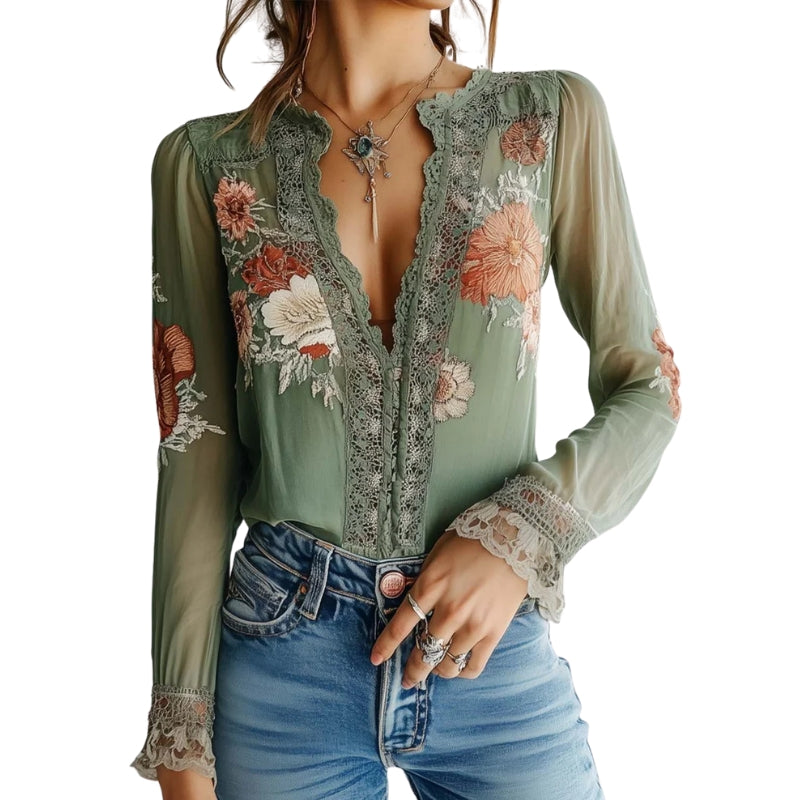 Hazel – Lichtgewicht Bloemenblouse met V hals en Lange Mouwen