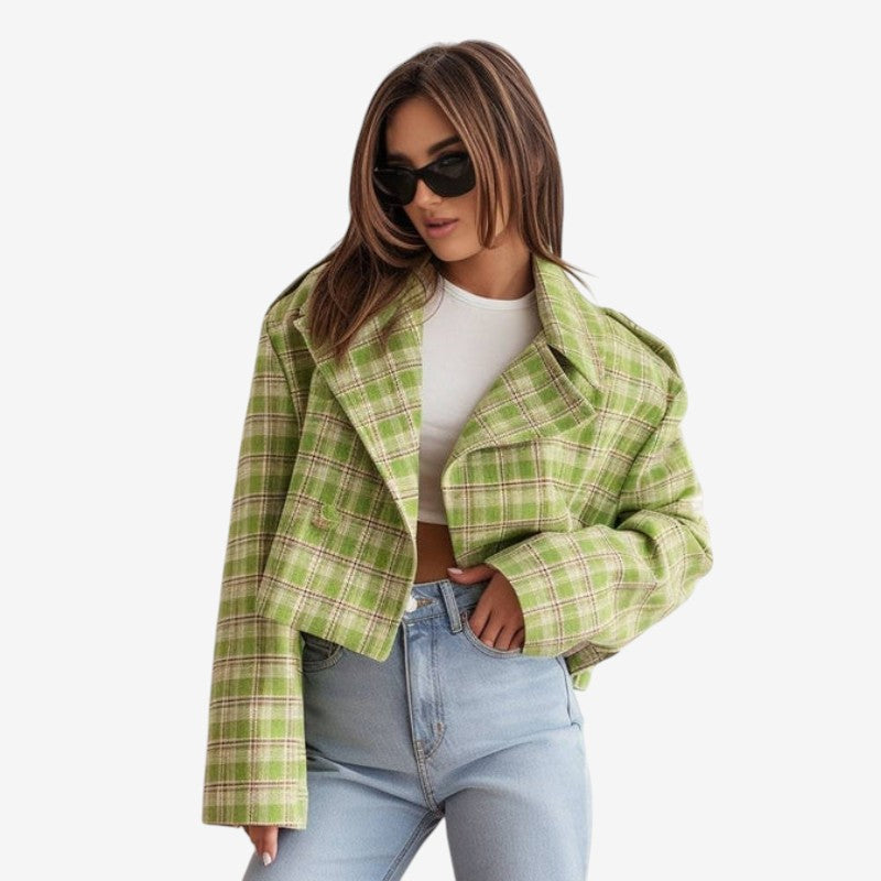 Victoria - Lange Mouw Geruite Jas met Reverskraag en Knopen aan de Voorkant