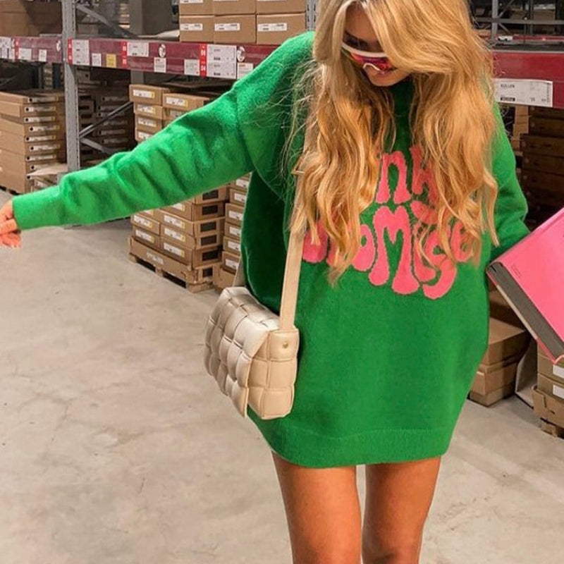 Beyonce - Lange Mouw Mini Trui Jurk met Ronde Hals en Geribbelde Details