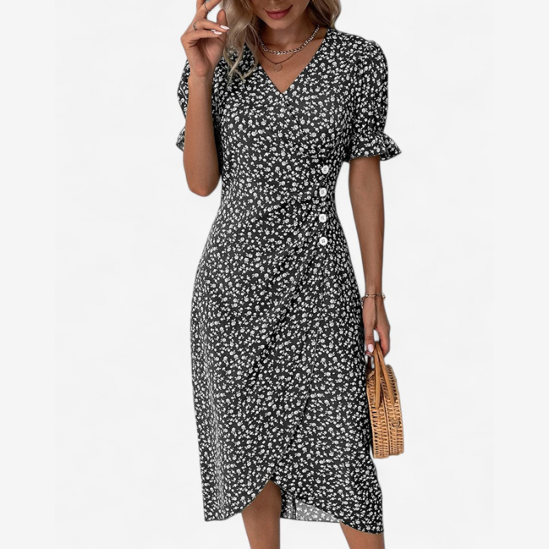Elena – Bloemige Boho V Hals Jurk met Pofmouwen