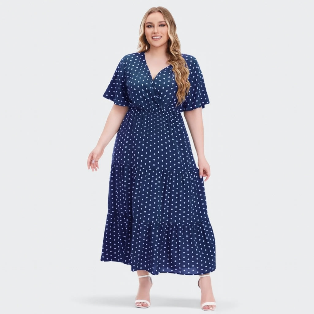 Ingrid - Plus Size Boho Maxi Jurk met Polka Dots en V-hals