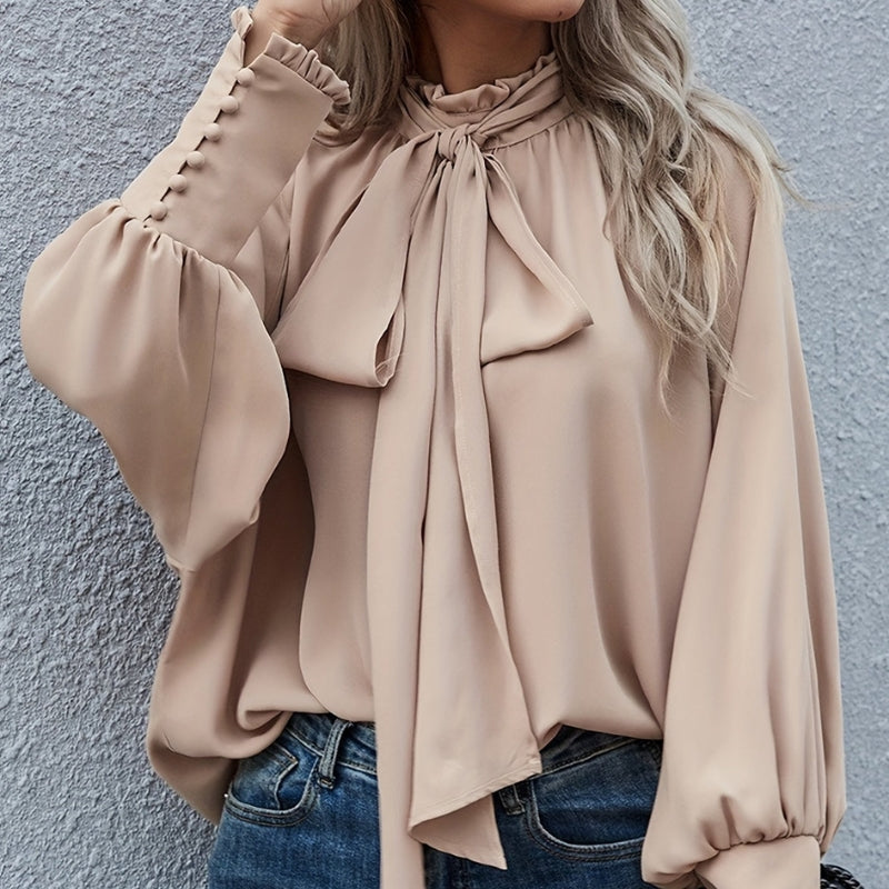 Natalie - Blouse met Strik aan de Hals en Pof Lange Mouwen
