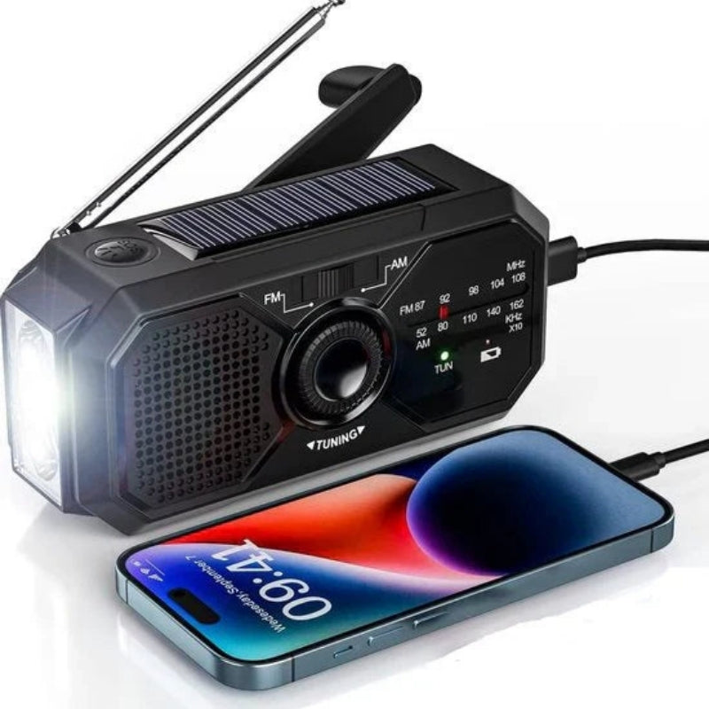 RescueBeam – Compacte noodradio met uitklapbare antenne en plat zonnepaneel