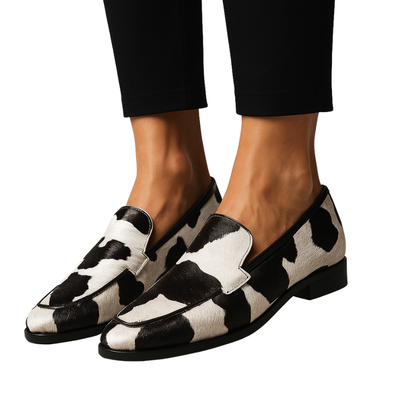 Hazel – Spitse lage hak schoenen met koeienprint