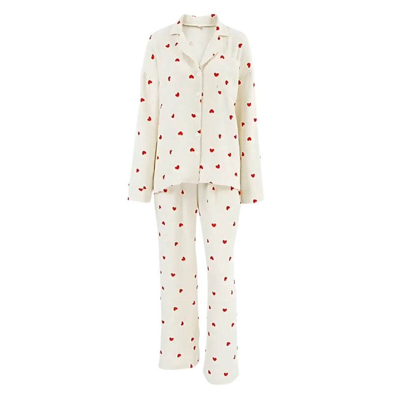 Luna - Hart Print Lounge Set met Knop Down Top en Wijde Broek
