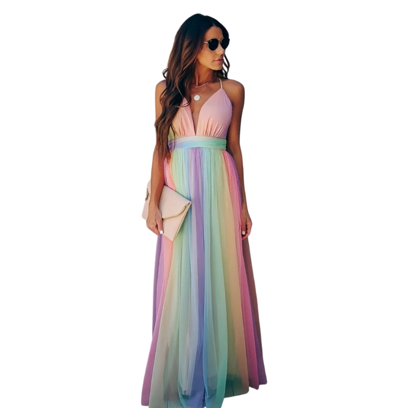 Kiera - Mouwloze Maxi Jurk met Regenboogprint en V Hals