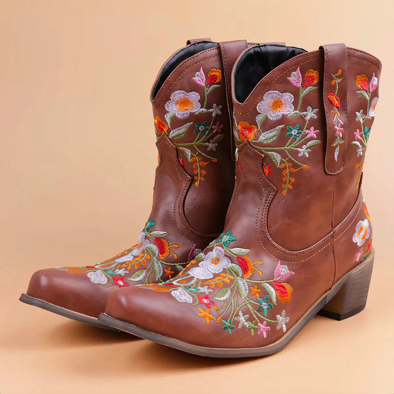 Grace - Geborduurde Cowboylaarzen met Puntige Teen en Halfhoge Blokhak
