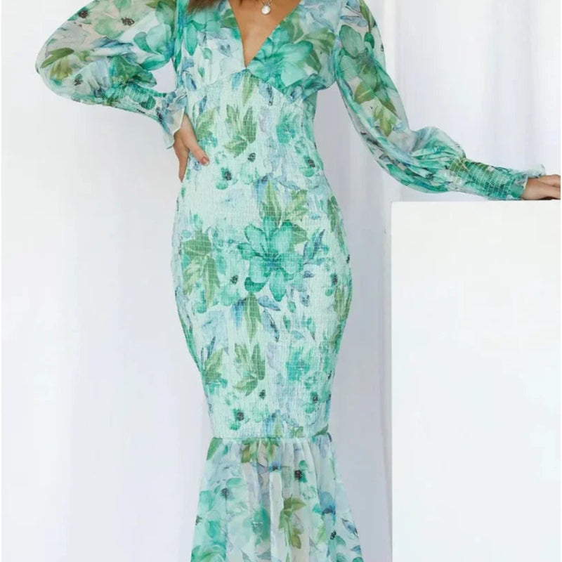 Alexandra - Jurk met Lange Mouwen Bloemenprint en V Hals