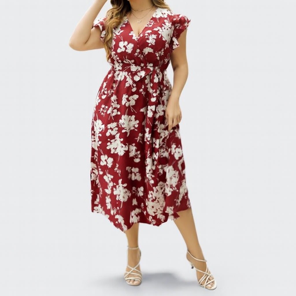 Yvonne - Plus Size A Lijn Midi Jurk met Floral Print en V Hals