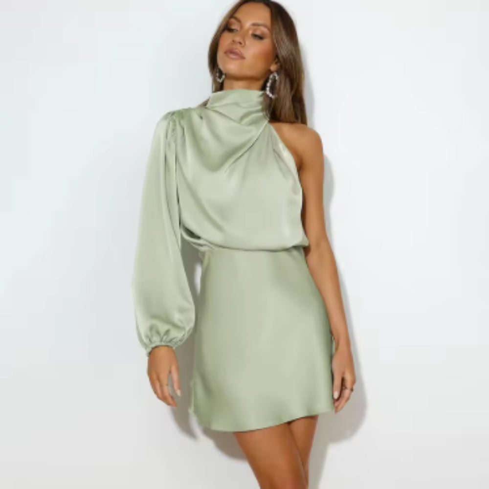 Olivia – Elegante midi-jurk met één schouder lange pofmouwen en vloeiend silhouet