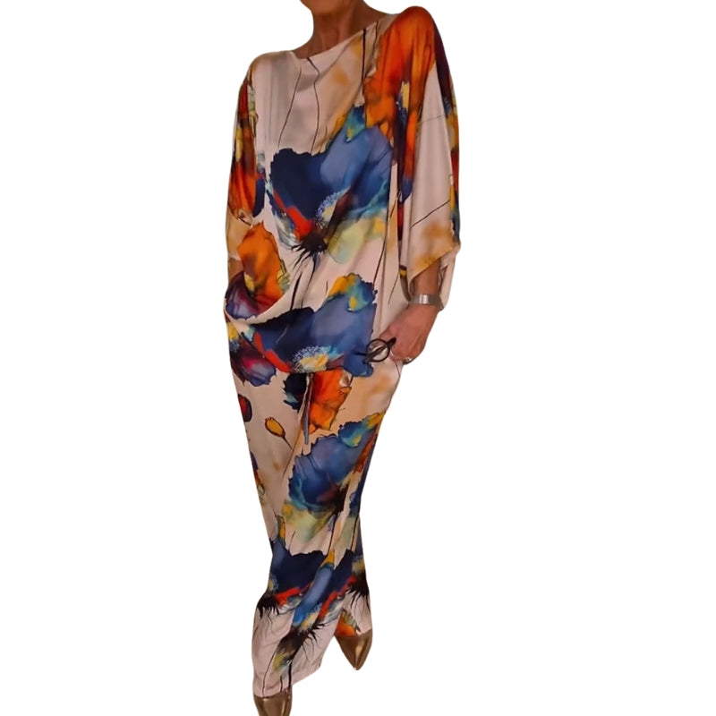 Alina – Casual Tweedelige Satijnen Set met Ronde Hals en Bloemenprint