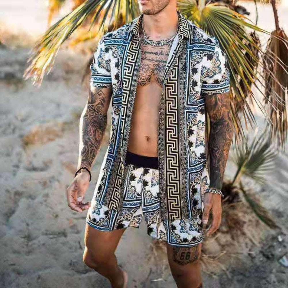 Cairo – Elegante tweedelige outfit met opengewerkt overhemd en relaxte shorts