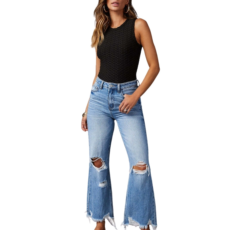 Madison – Skinny Broek met Hoge Taille en Versleten Details