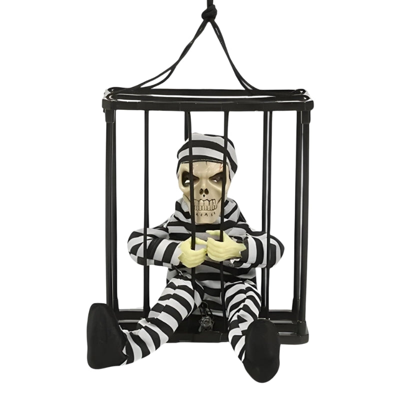 FrightCorp – Pratend animatronisch gevangenisskelet met verlichting en geluid