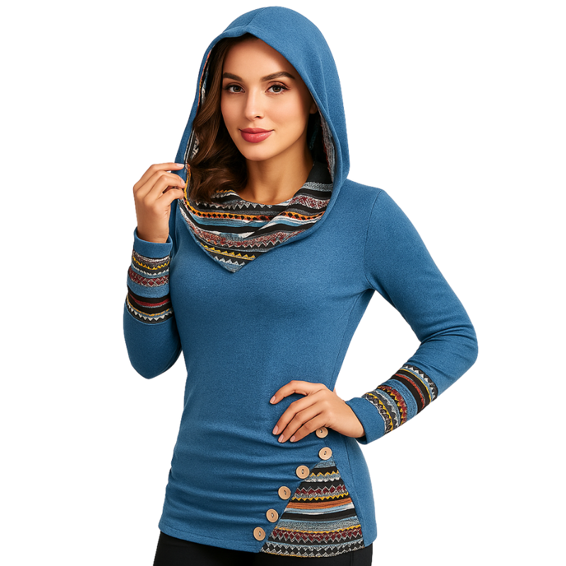 Emme – Gebreide Hoodie met Lange Mouwen, Knopen en Geometrische Strepen