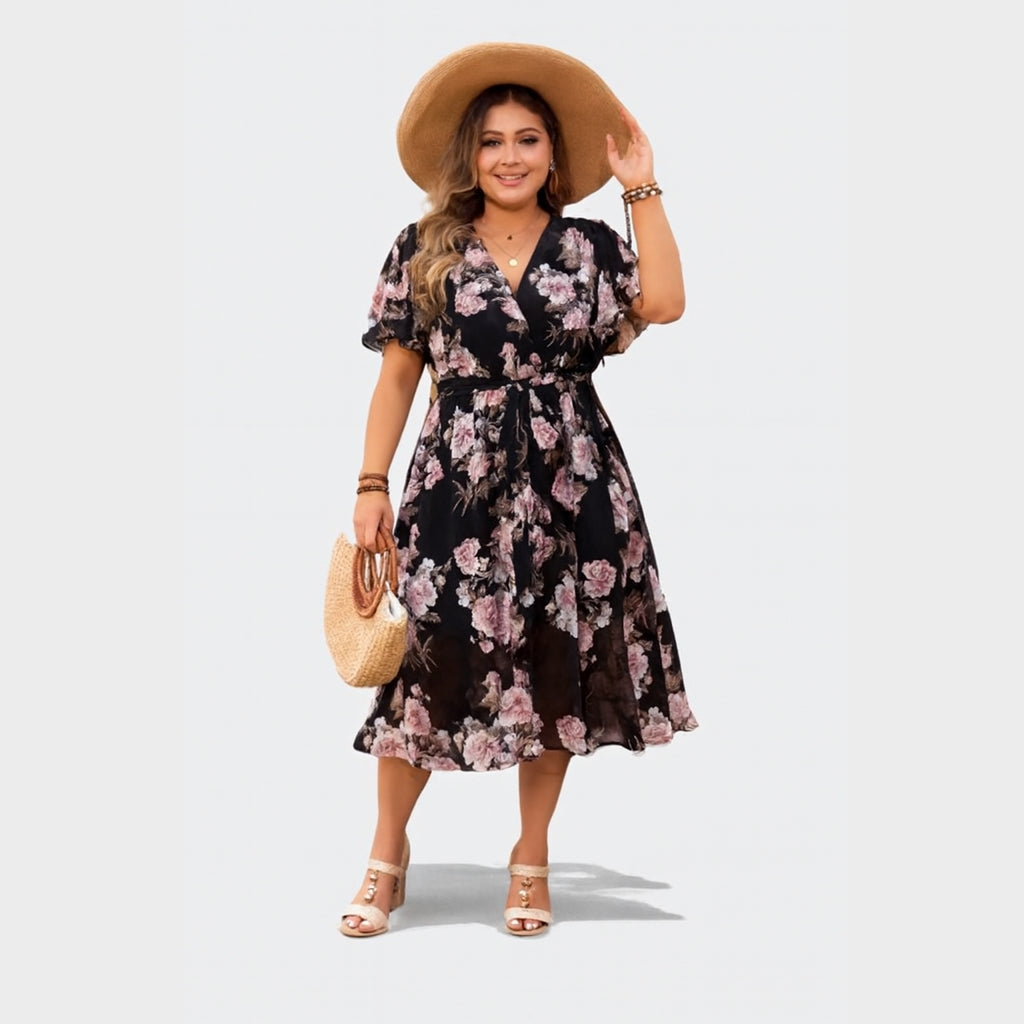 Linda - Plus Size Bloemen Midi Jurk met Vlindermouwen en Riem