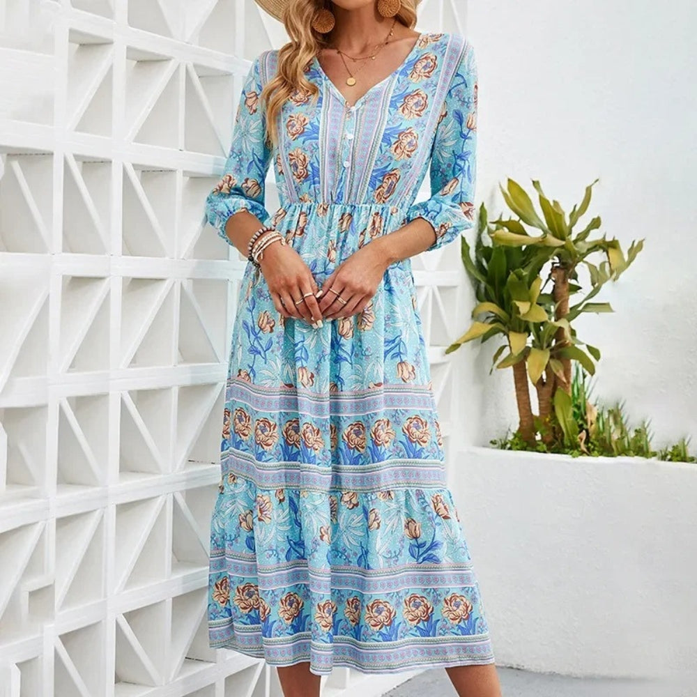 Natasha – Midi jurk met korte mouwen en diepe V-hals