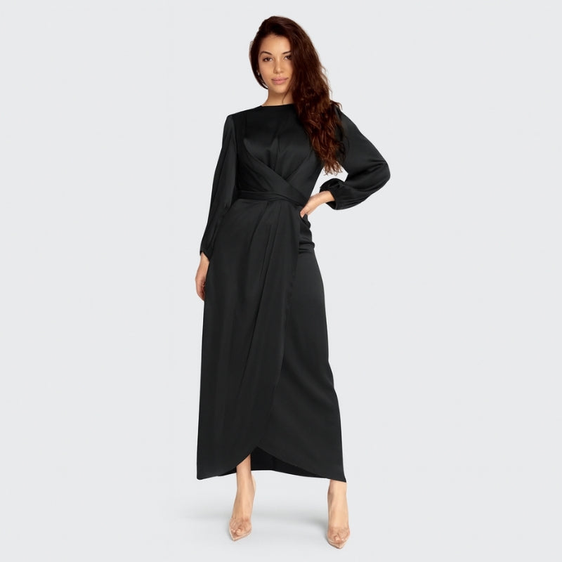 Elena - Moderne Lange Jurk met Pofmouwen en Taille Detail
