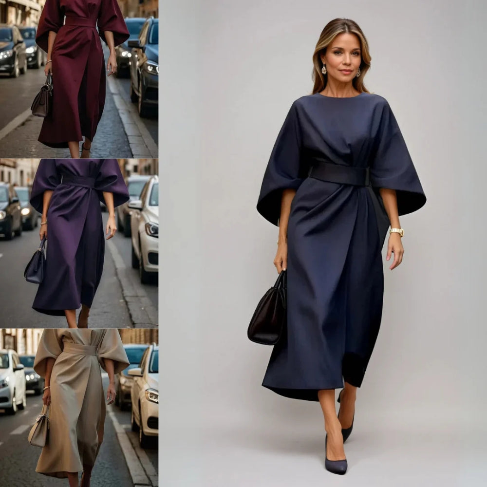 Alira - Elegante midi-jurk met lantaarnmouwen en tailleband