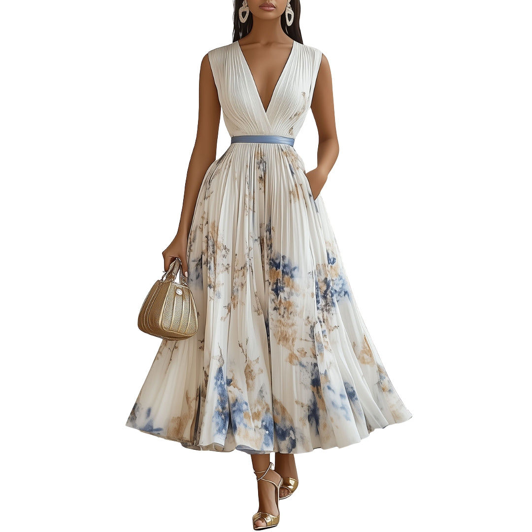 Jennifer - Mouwloze Bloemen Maxi Jurk met Diepe V Hals en Verstelbare Taille