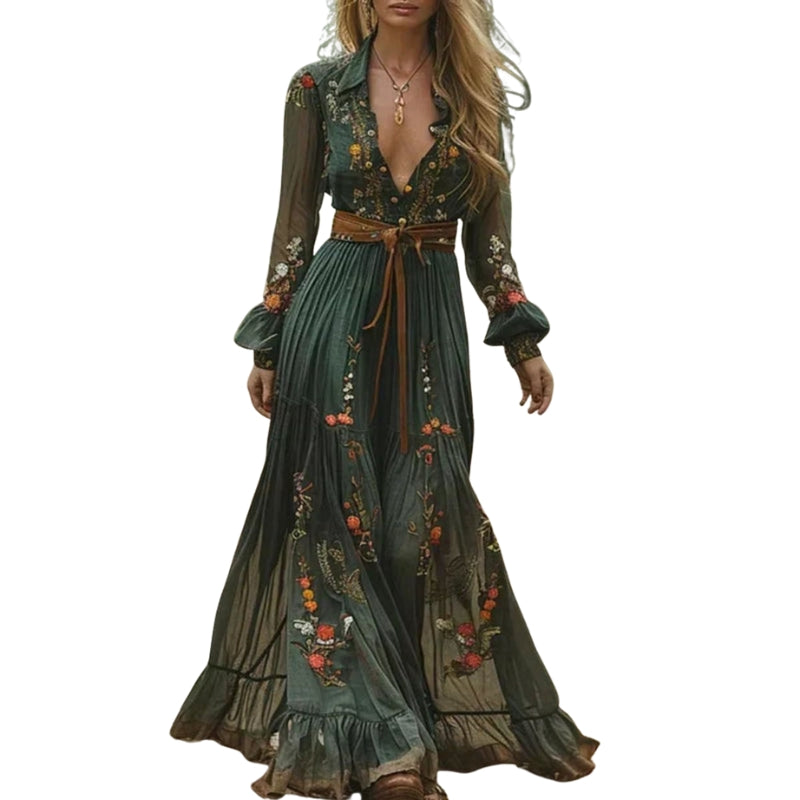 Maria - Bloemen Maxi Jurk met Lange Mouwen en V hals