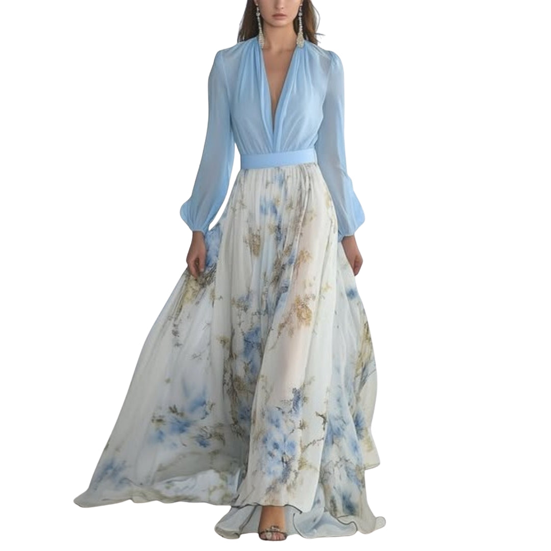 Emma - Bloemen Maxi Jurk met V Hals en Lange Mouwen