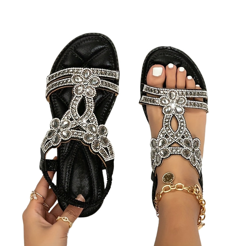 Selina – T band Sandalen met Bloemaccenten en Strass steentjes