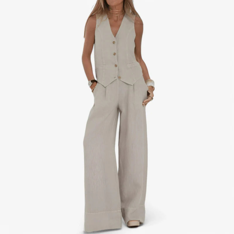 Lina - Elegante tweedelig set met knoopvest en wijde broek