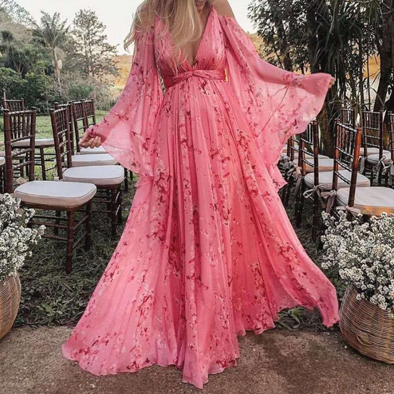 Liana – Maxi-jurk met diepe V-hals en vleermuismouwen