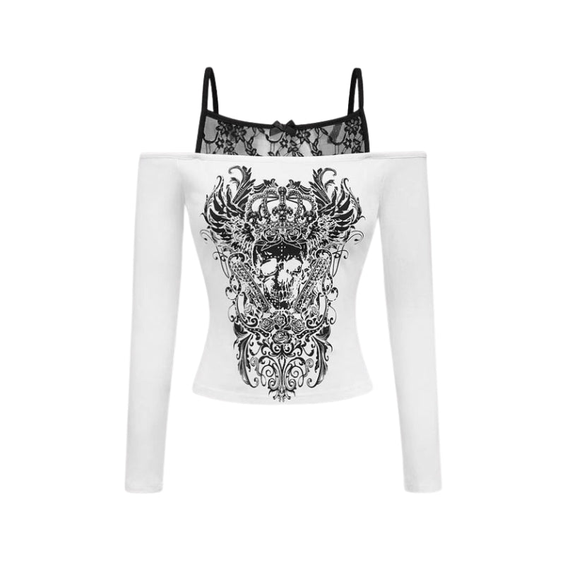 Camila - Off Schouder Top met Grafische Print en Lange Mouwen