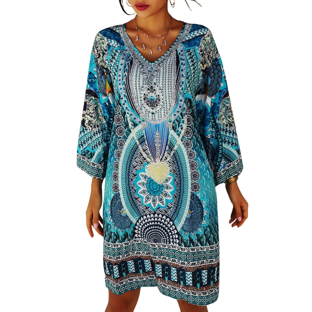 Liana - Stijlvolle Boho Minijurk met V-hals en lange mouwen