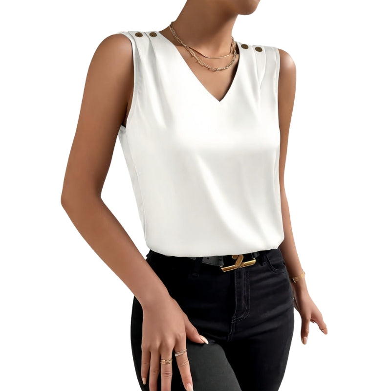 Ella - Mouwloze blouse met V hals en knoopdetails