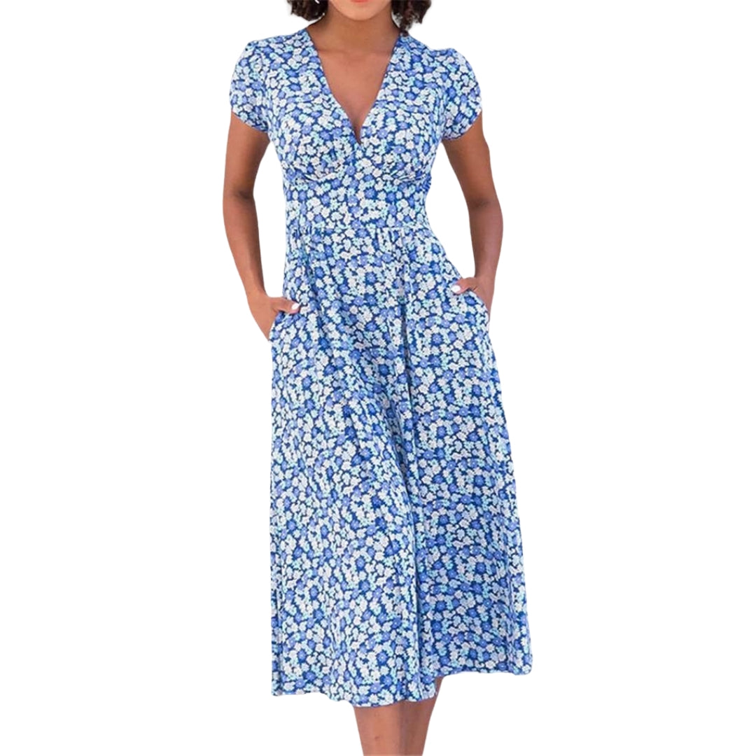 Emily - Midi jurk met bloemenprint V hals en zakken aan de zijkant