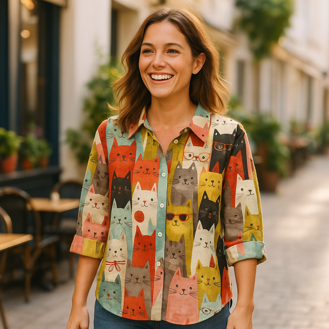 Leony - Elegant shirt met lange mouwen 3D geprint patroon en knoopjes aan de voorkant